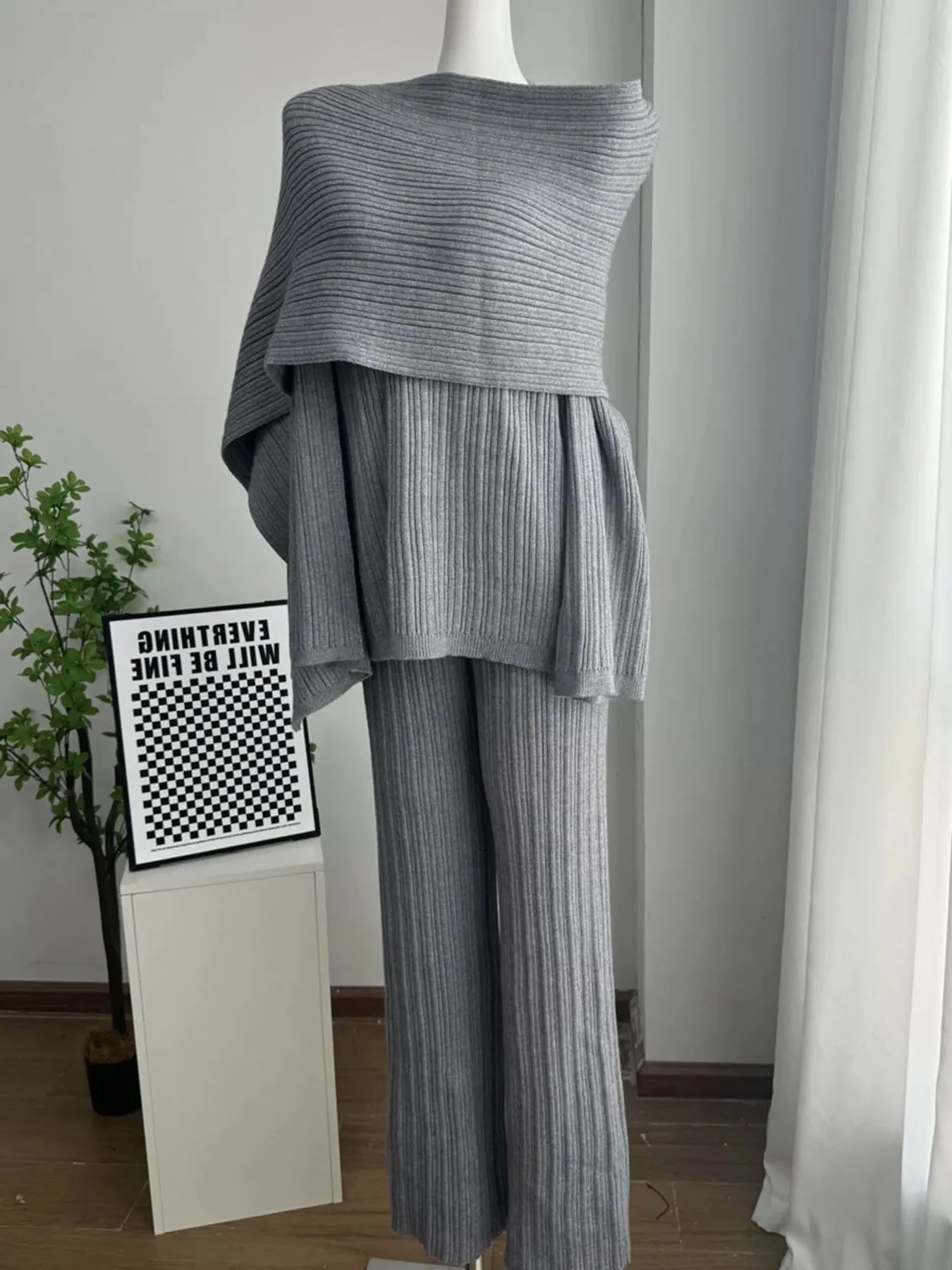 3-Piece Crew Neck Ribbed Sweater and Wide-Leg Pants Set with Scarf