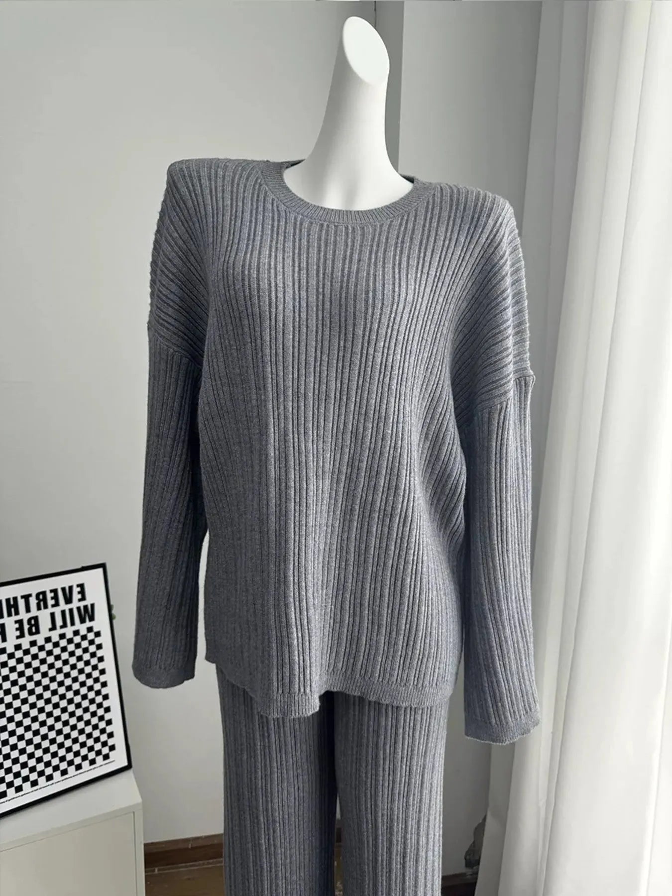 3-Piece Crew Neck Ribbed Sweater and Wide-Leg Pants Set with Scarf