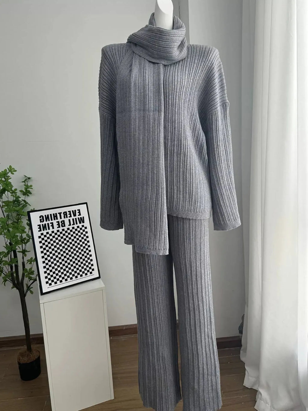 3-Piece Crew Neck Ribbed Sweater and Wide-Leg Pants Set with Scarf