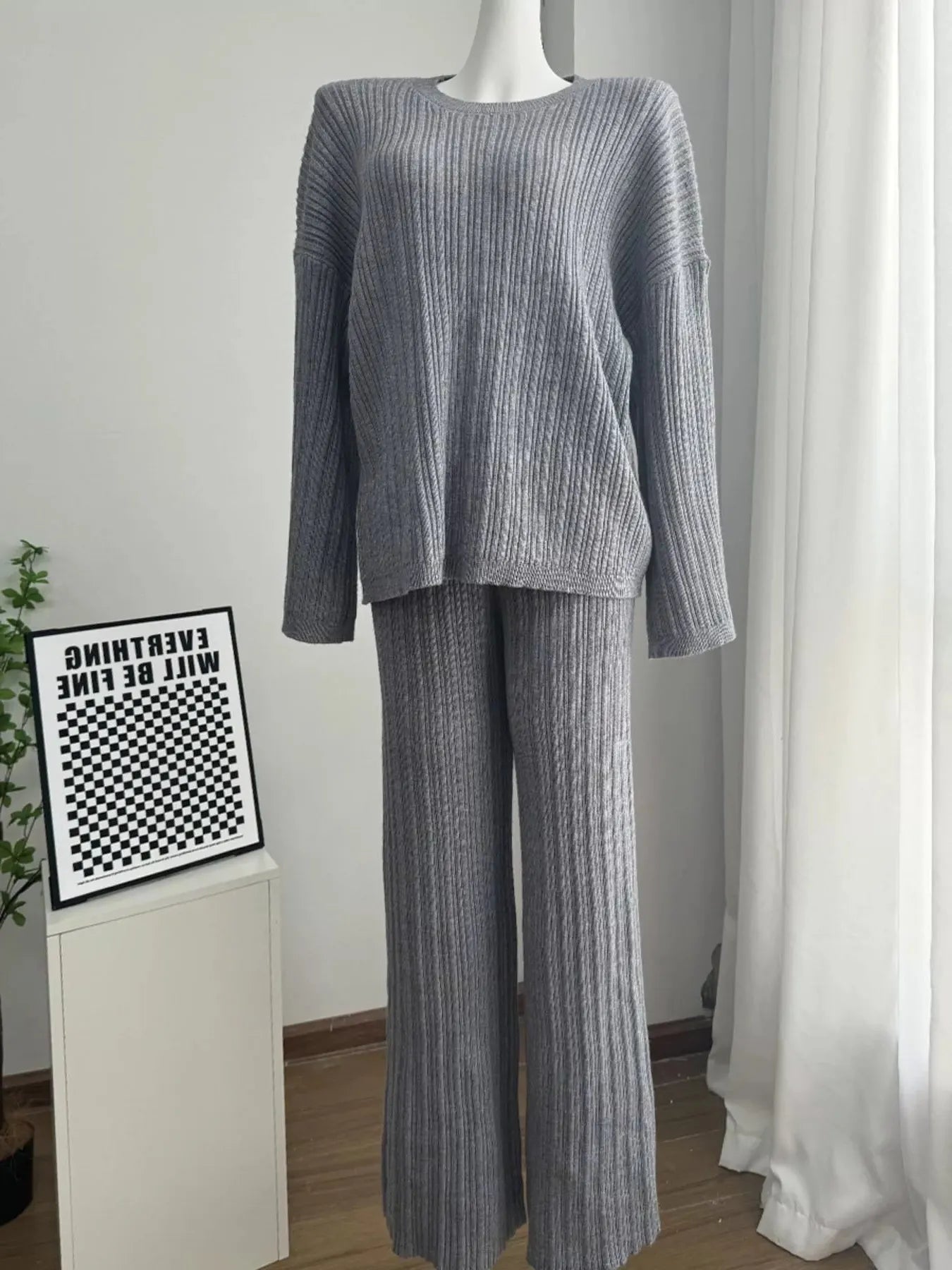 3-Piece Crew Neck Ribbed Sweater and Wide-Leg Pants Set with Scarf