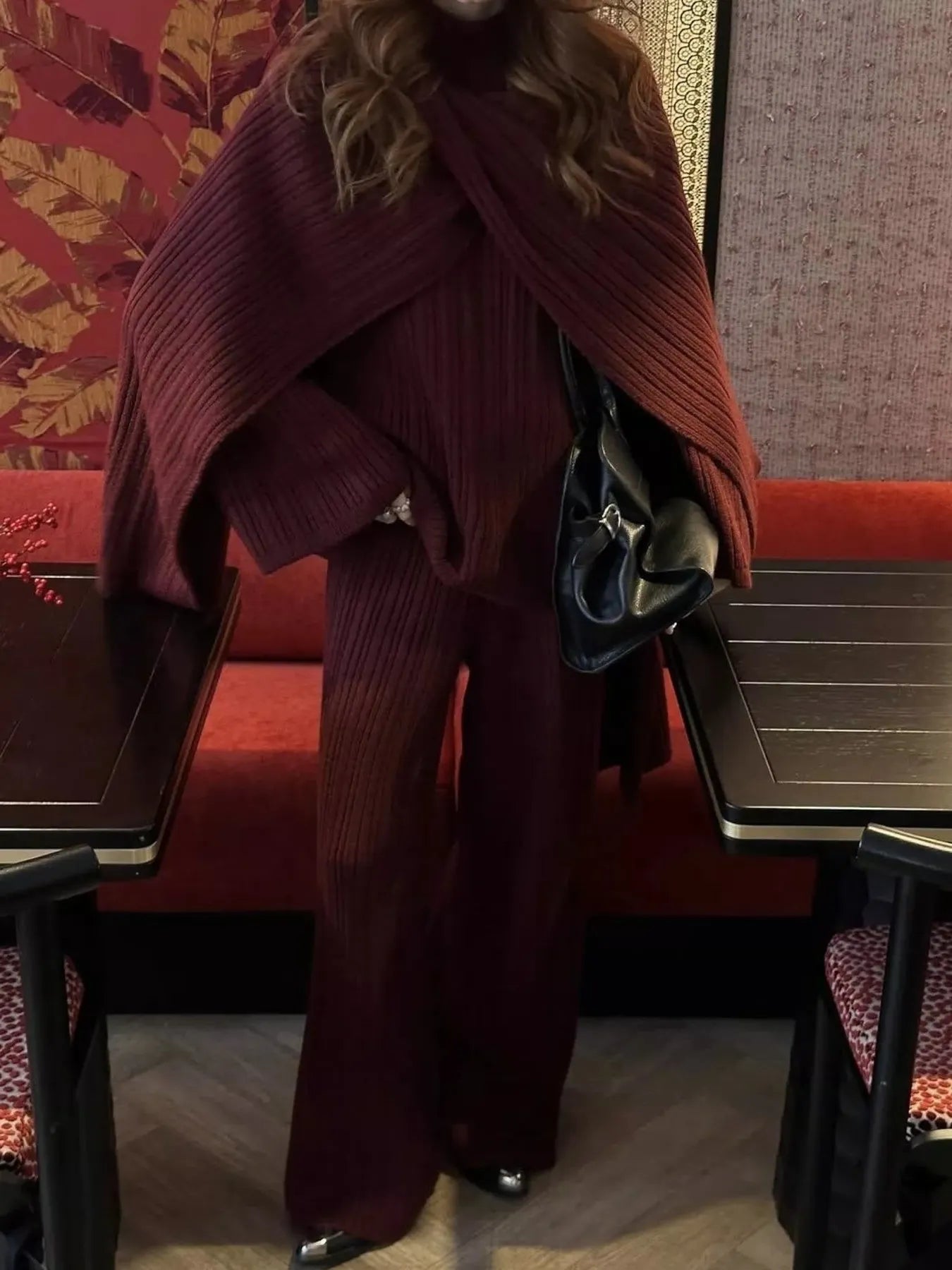 3-Piece Crew Neck Ribbed Sweater and Wide-Leg Pants Set with Scarf