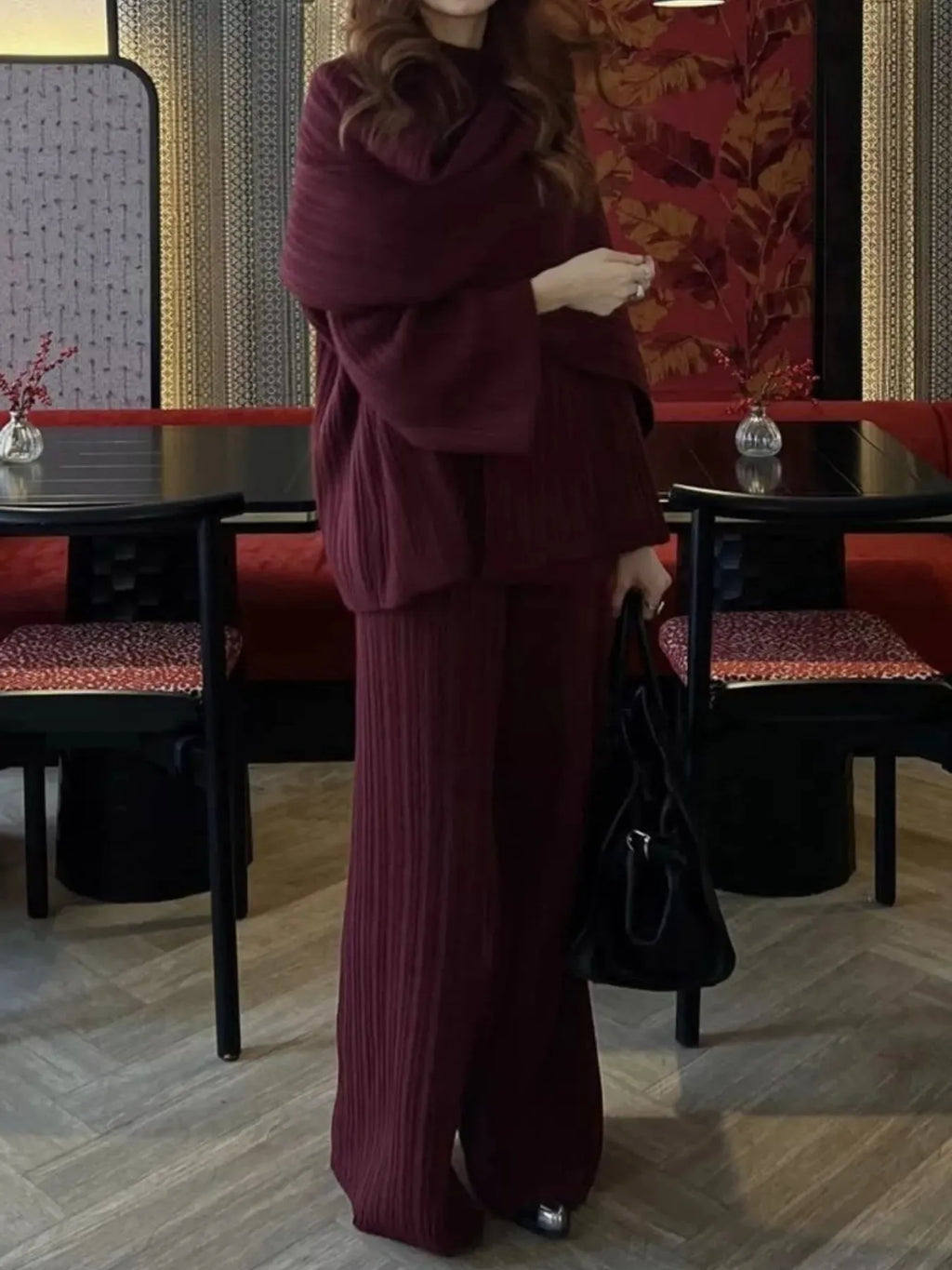 3-Piece Crew Neck Ribbed Sweater and Wide-Leg Pants Set with Scarf