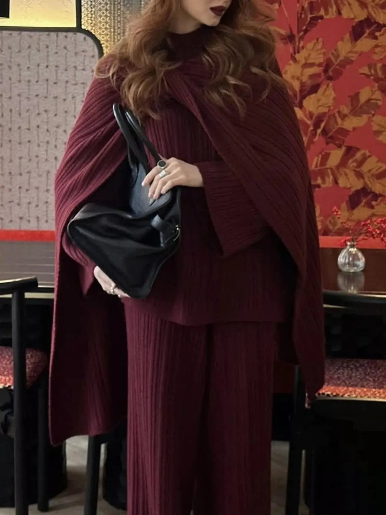 3-Piece Crew Neck Ribbed Sweater and Wide-Leg Pants Set with Scarf