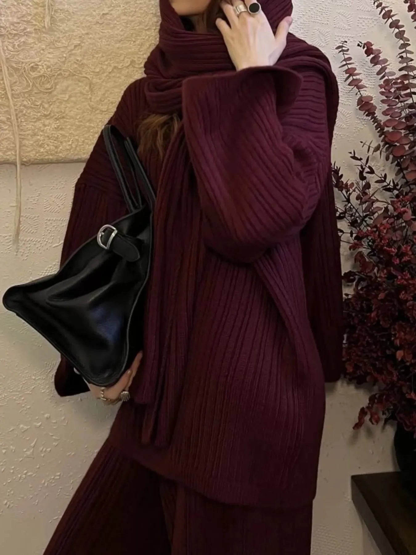 3-Piece Crew Neck Ribbed Sweater and Wide-Leg Pants Set with Scarf