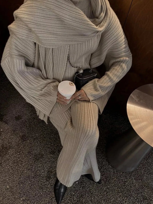 3-Piece Crew Neck Ribbed Sweater and Wide-Leg Pants Set with Scarf