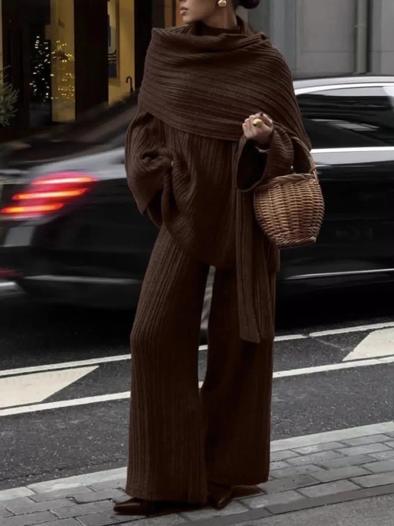 3-Piece Crew Neck Ribbed Sweater and Wide-Leg Pants Set with Scarf
