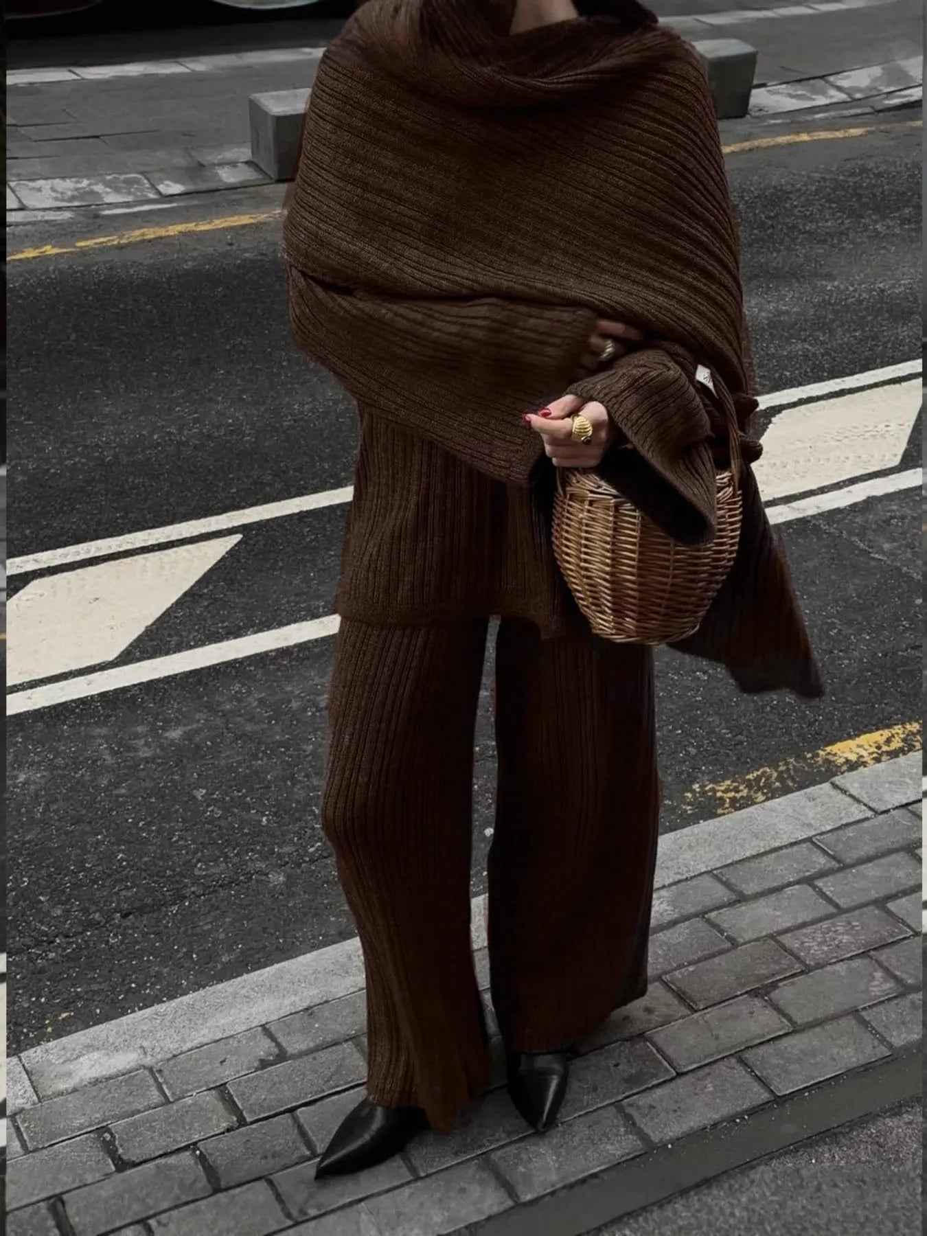 3-Piece Crew Neck Ribbed Sweater and Wide-Leg Pants Set with Scarf