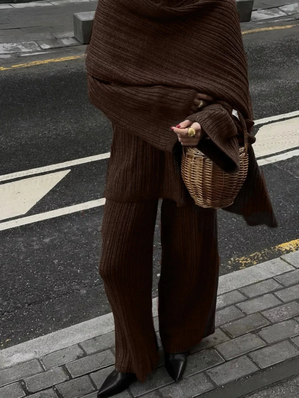 3-Piece Crew Neck Ribbed Sweater and Wide-Leg Pants Set with Scarf