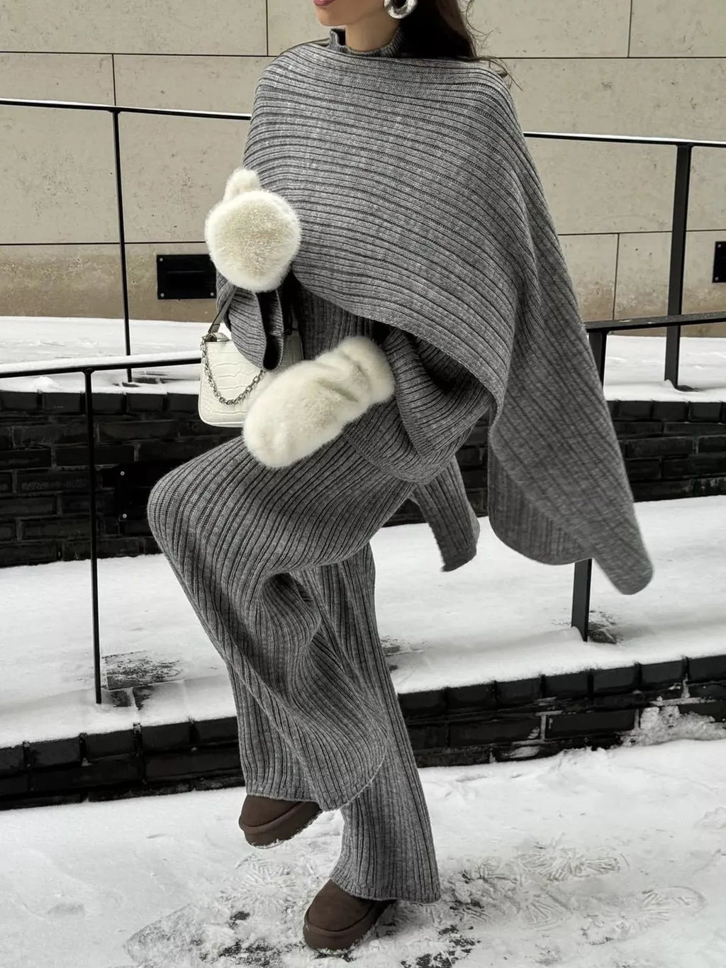 3-Piece Crew Neck Ribbed Sweater and Wide-Leg Pants Set with Scarf