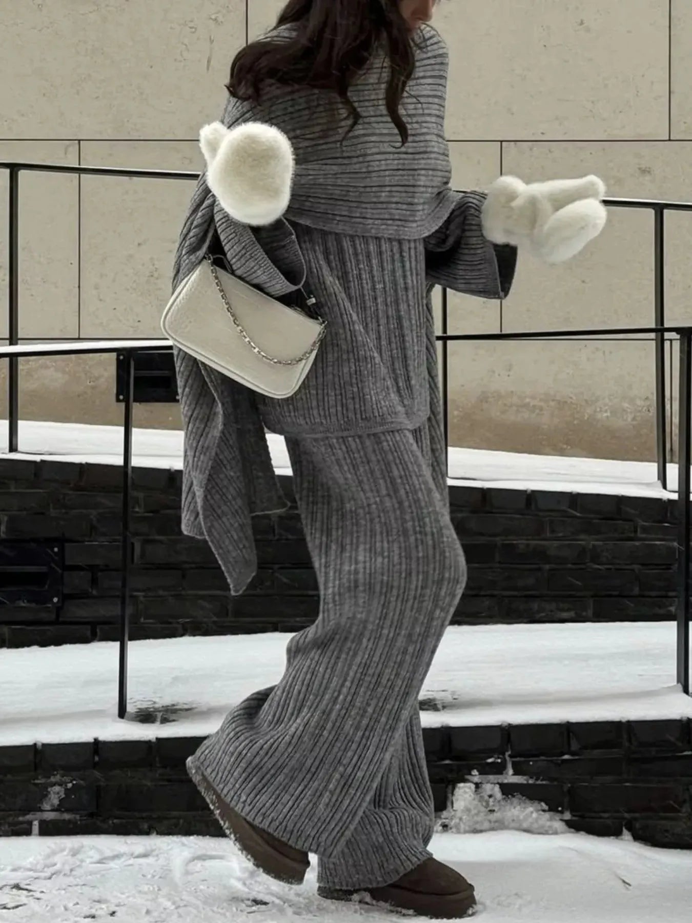 3-Piece Crew Neck Ribbed Sweater and Wide-Leg Pants Set with Scarf