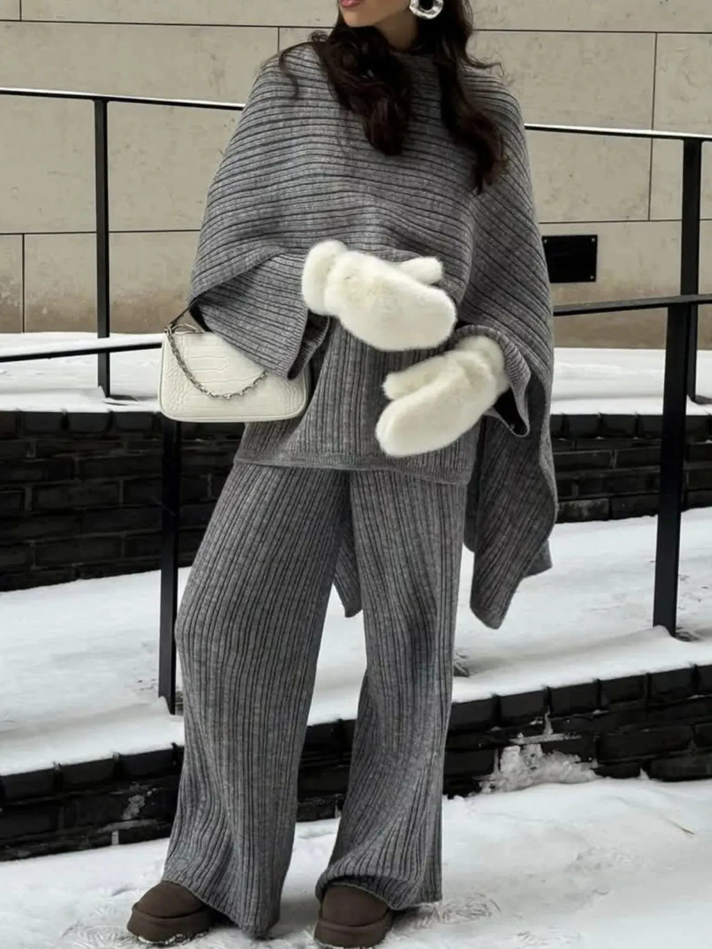 3-Piece Crew Neck Ribbed Sweater and Wide-Leg Pants Set with Scarf