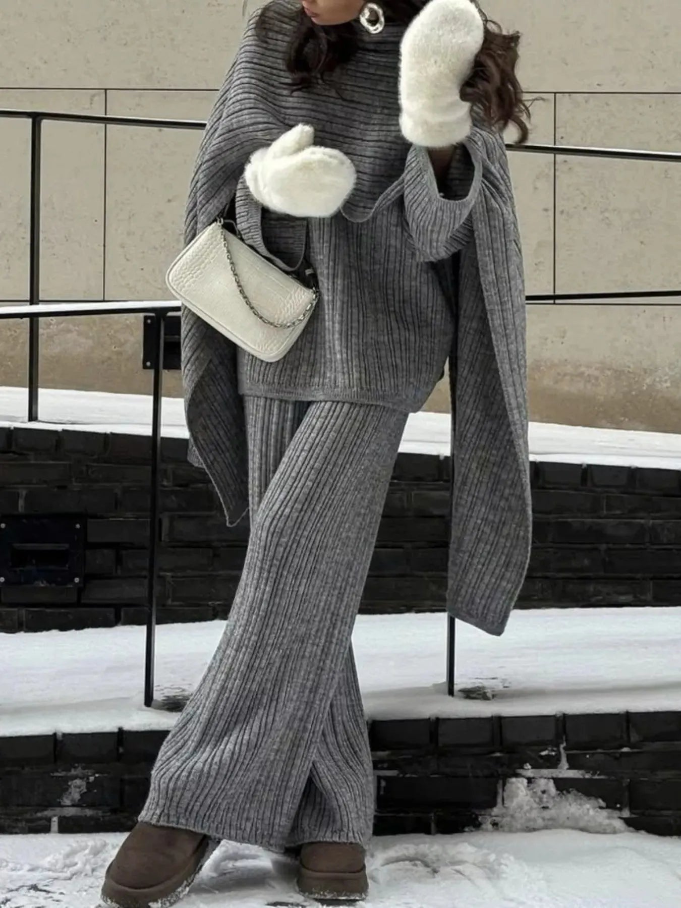 3-Piece Crew Neck Ribbed Sweater and Wide-Leg Pants Set with Scarf