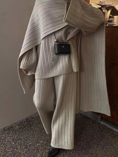 3-Piece Crew Neck Ribbed Sweater and Wide-Leg Pants Set with Scarf