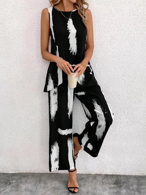Abstract Print Sleeveless Top & Wide Leg Pants Set