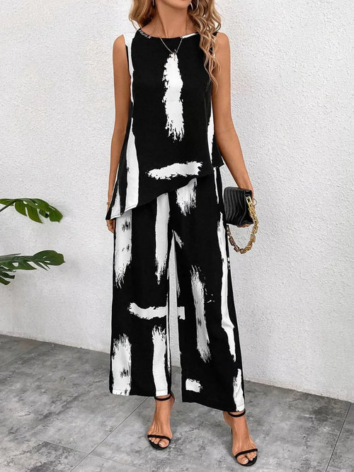 Abstract Print Sleeveless Top & Wide Leg Pants Set