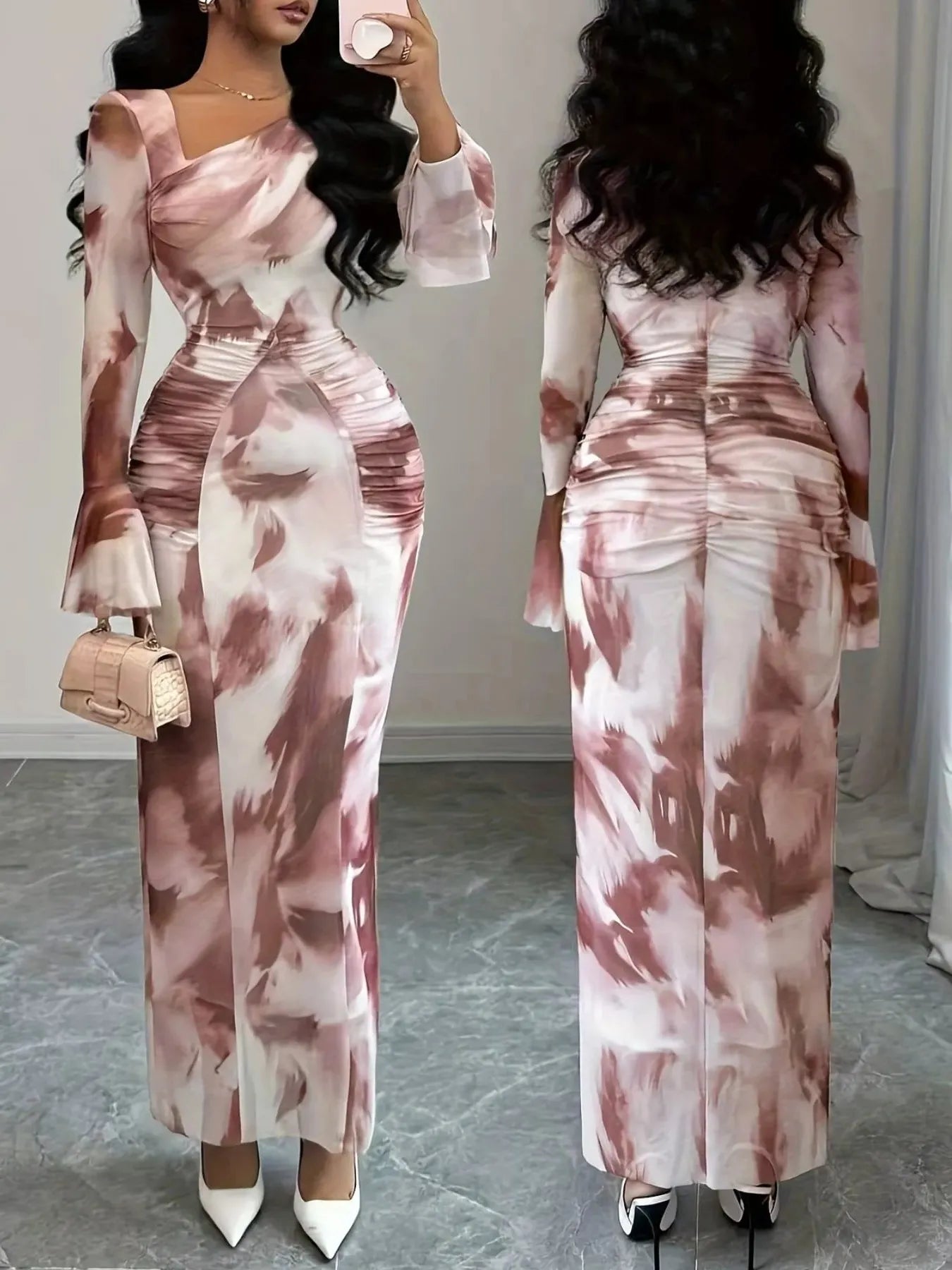 Asymmetrical Neck Long Sleeve Maxi Dress