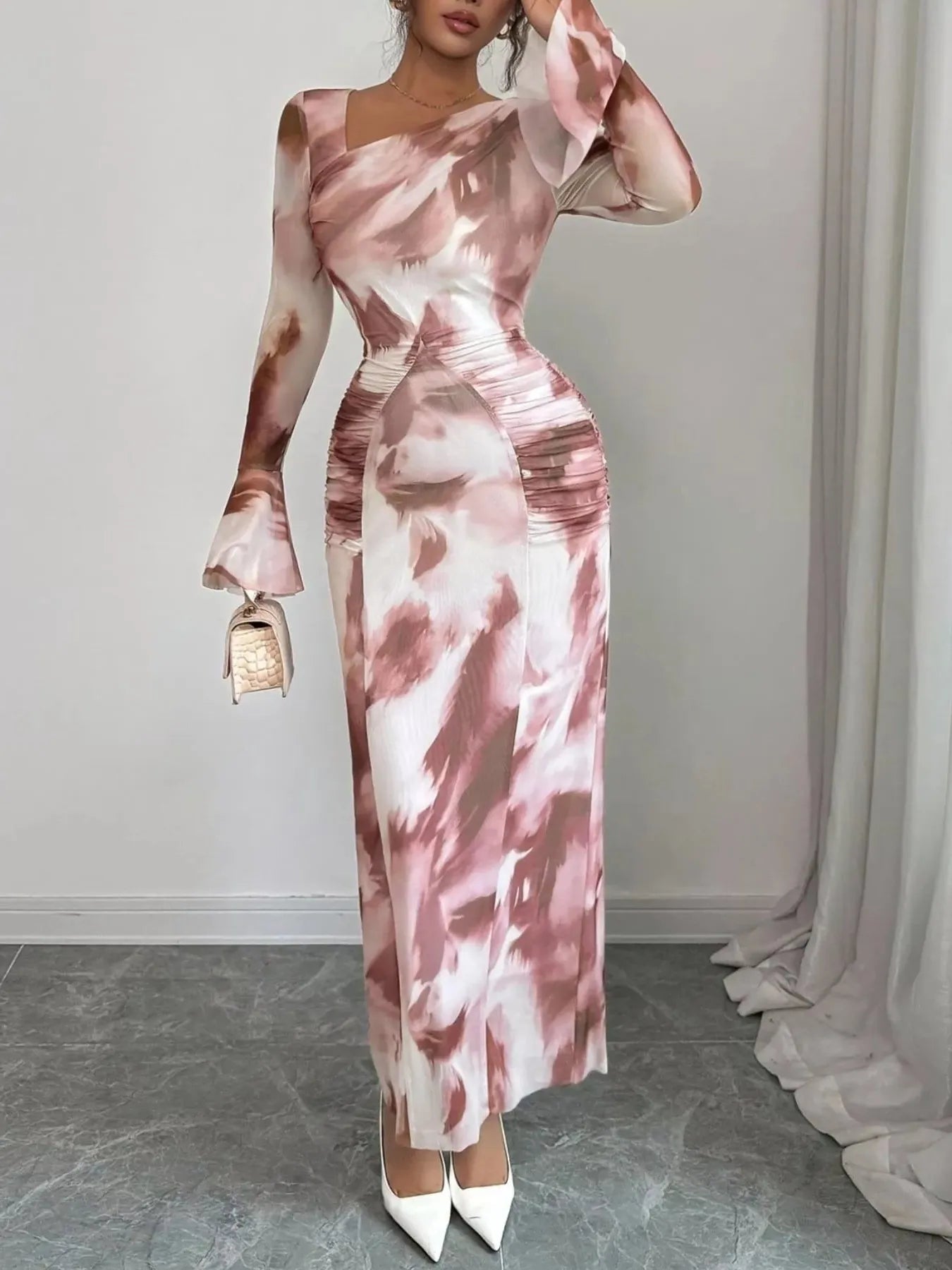 Asymmetrical Neck Long Sleeve Maxi Dress