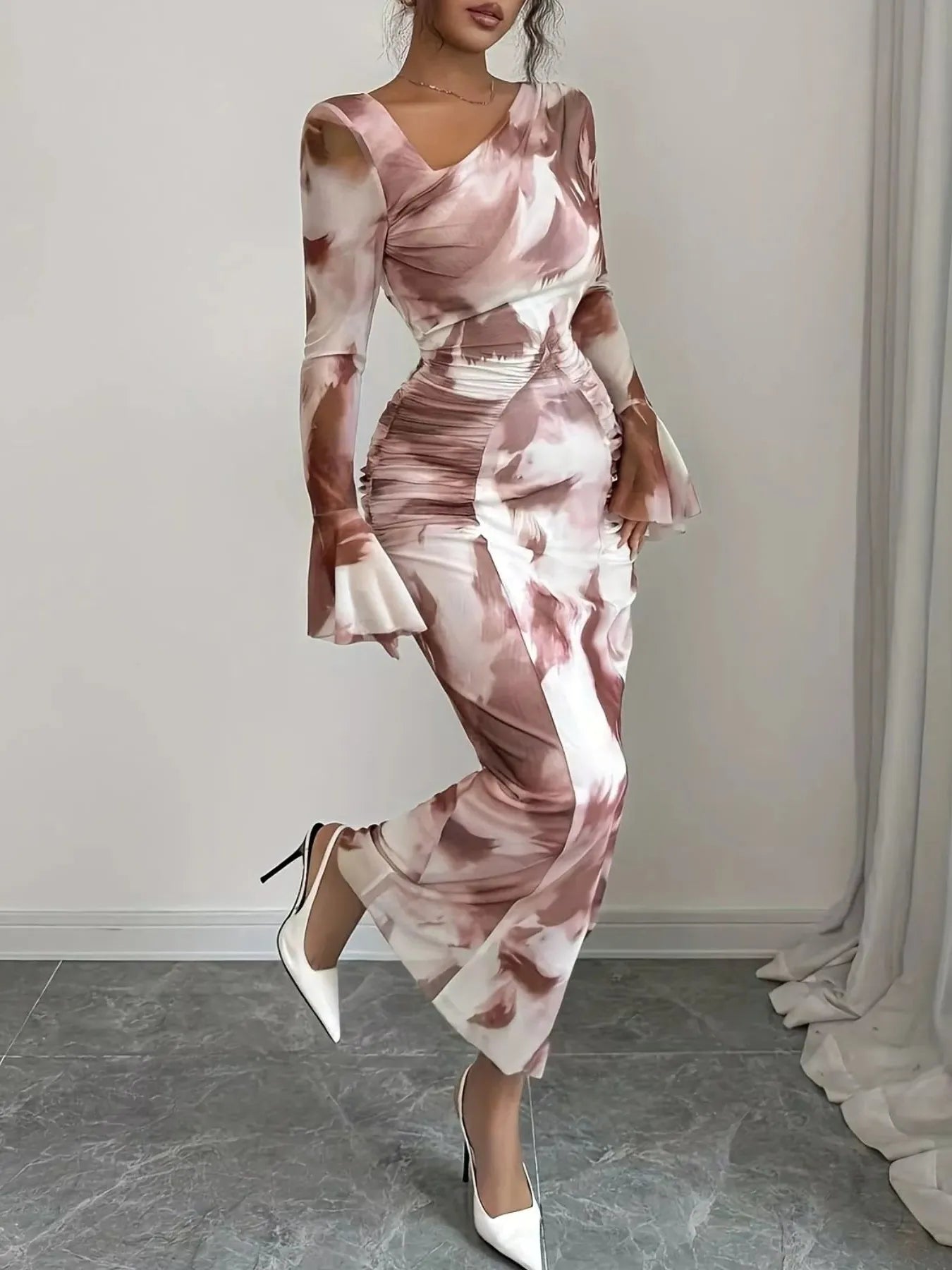 Asymmetrical Neck Long Sleeve Maxi Dress