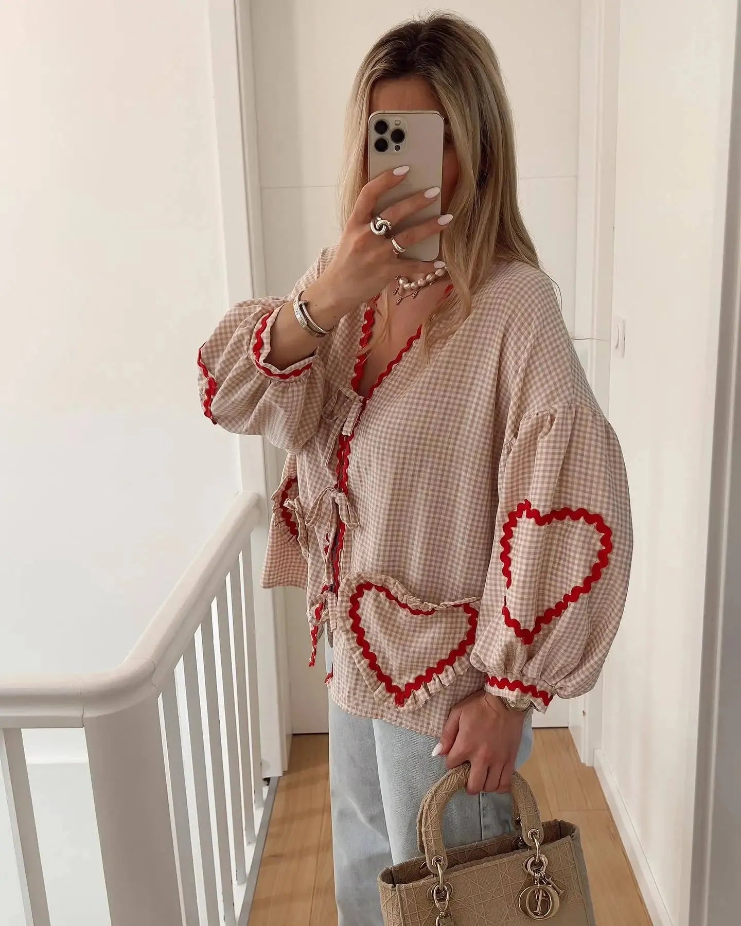 Check Pattern Women's Shirt with Heart Appliqués and Bow Closure for Casual Wear