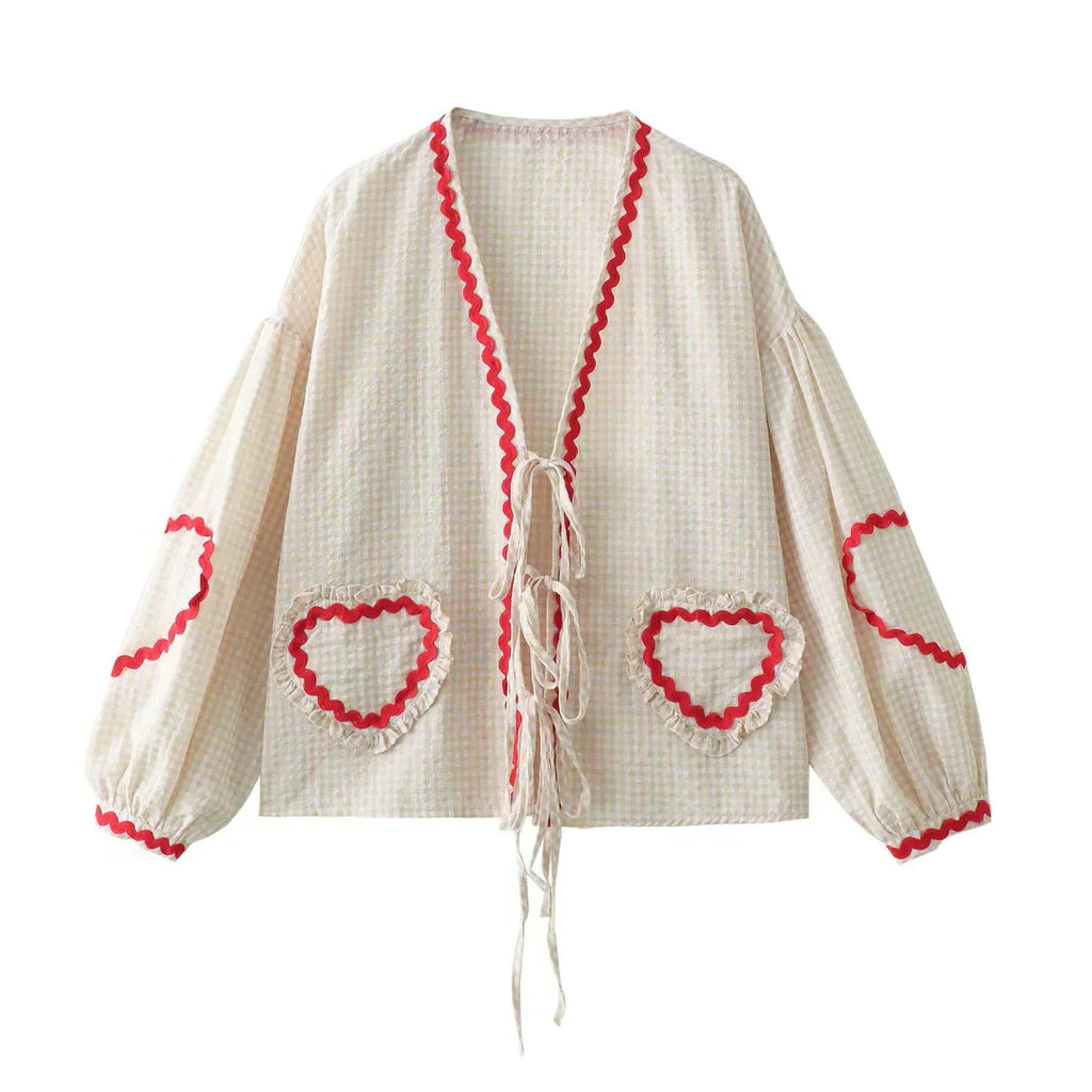 Check Pattern Women's Shirt with Heart Appliqués and Bow Closure for Casual Wear