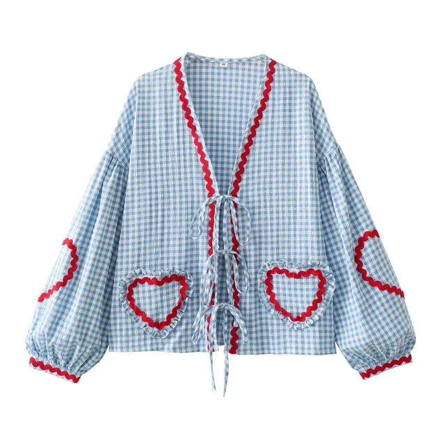 Check Pattern Women's Shirt with Heart Appliqués and Bow Closure for Casual Wear