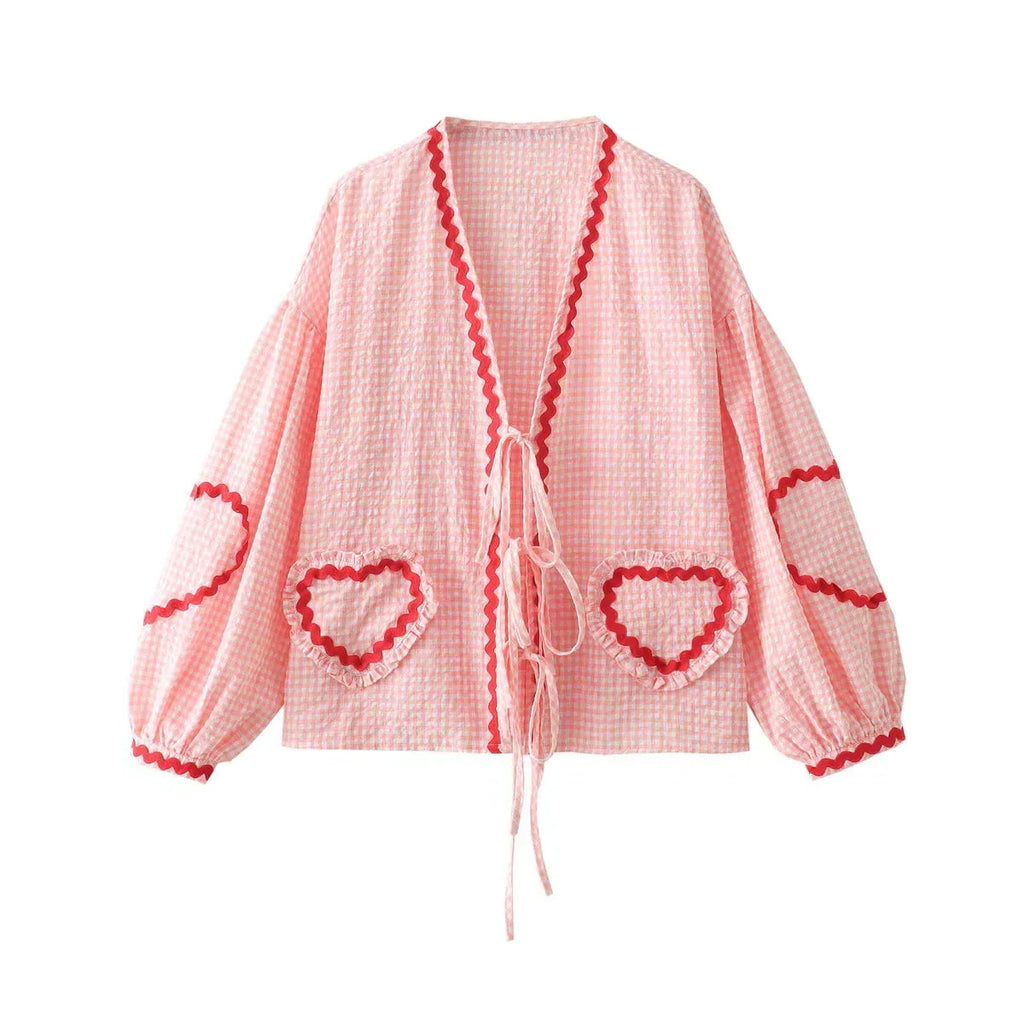 Check Pattern Women's Shirt with Heart Appliqués and Bow Closure for Casual Wear