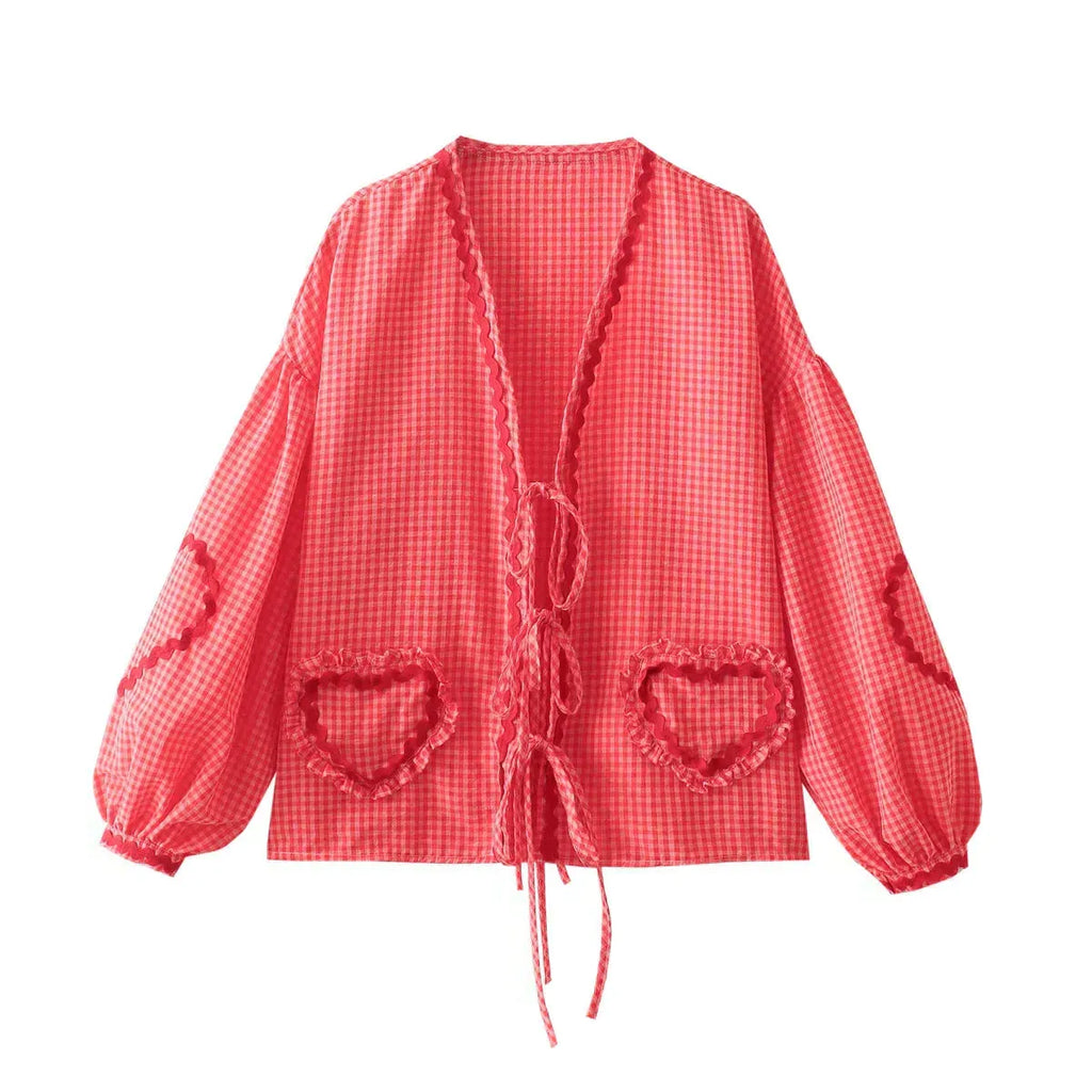 Check Pattern Women's Shirt with Heart Appliqués and Bow Closure for Casual Wear