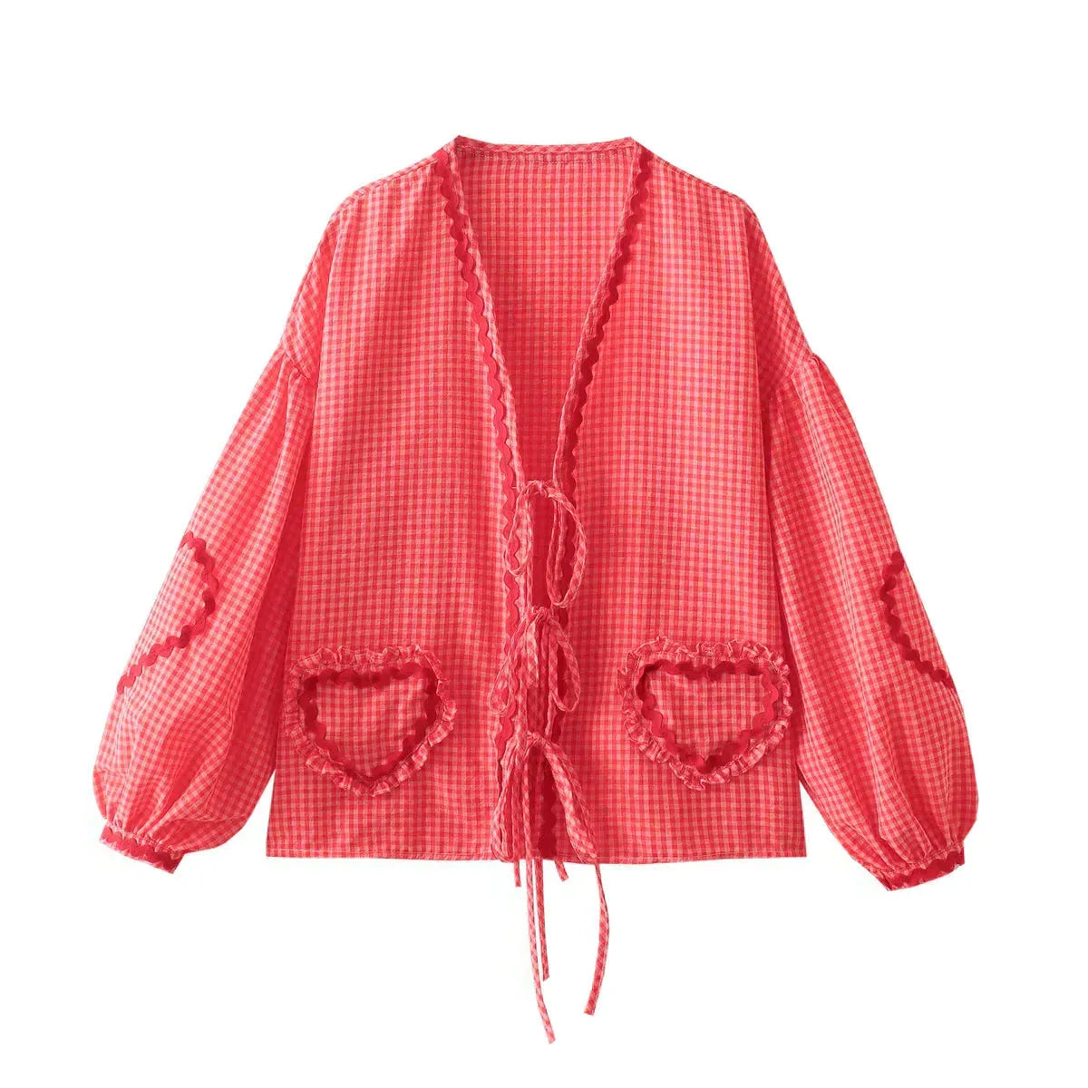 Check Pattern Women's Shirt with Heart Appliqués and Bow Closure for Casual Wear