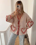 Check Pattern Women's Shirt with Heart Appliqués and Bow Closure for Casual Wear