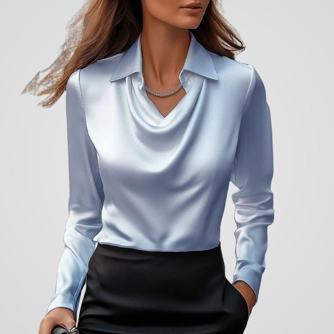 Draped Neck Satin Blouse for Women - Elegant Satin Fabric Top for Casual or Dressy Occasions