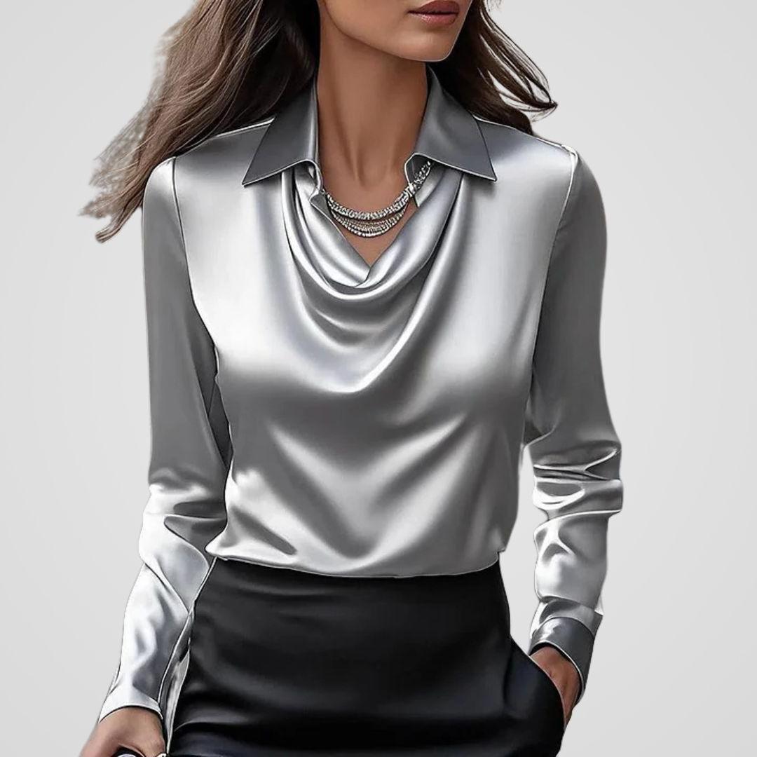 Draped Neck Satin Blouse for Women - Elegant Satin Fabric Top for Casual or Dressy Occasions