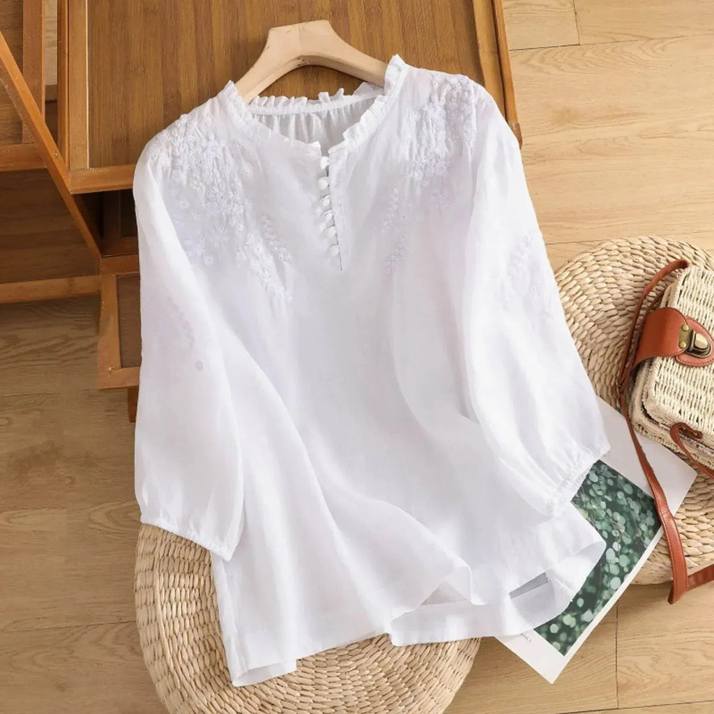Embroidered Women's Half-Button Blouse with Ruffle Neckline for Casual Wear - Lightweight Fabric, Stylish Design