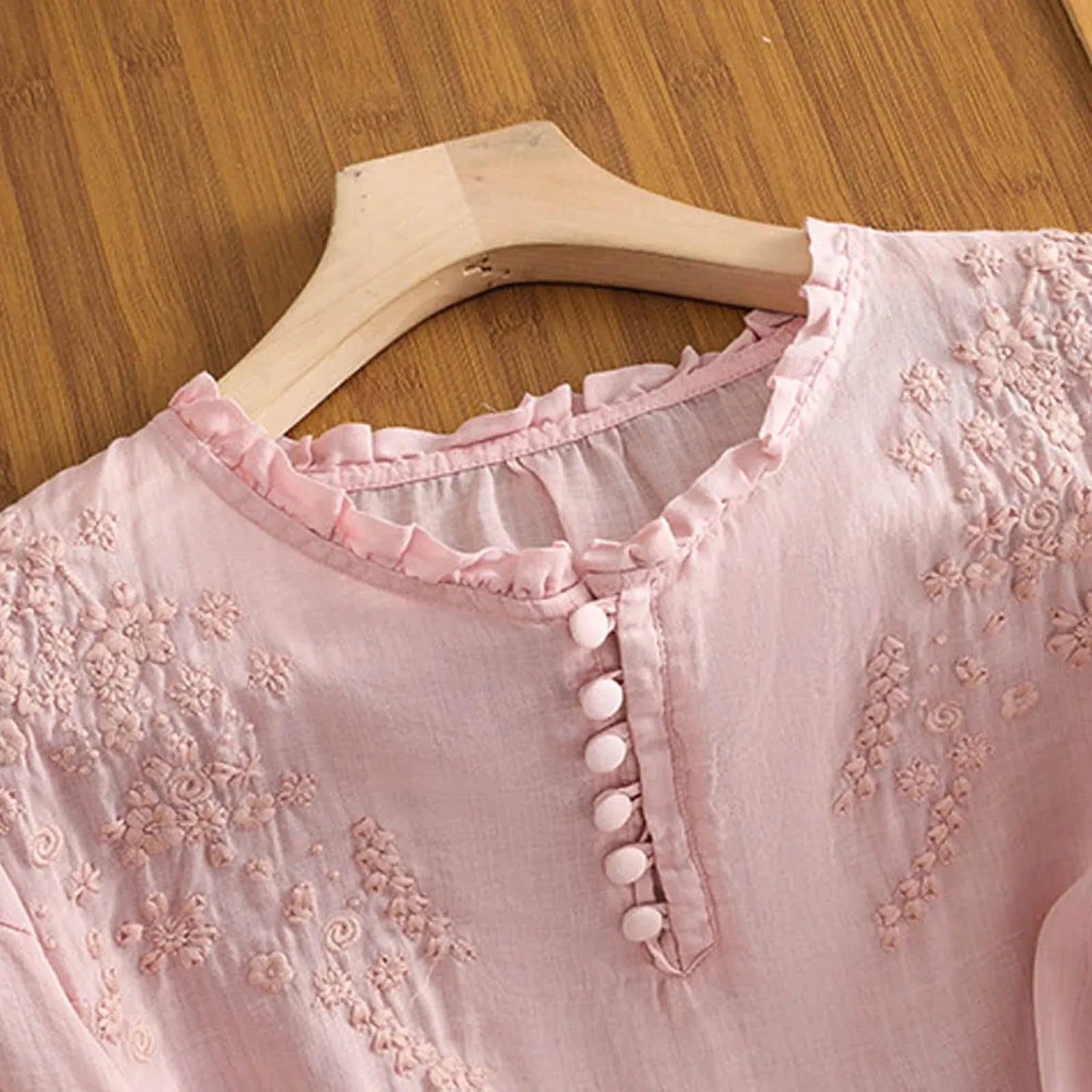 Embroidered Women's Half-Button Blouse with Ruffle Neckline for Casual Wear - Lightweight Fabric, Stylish Design