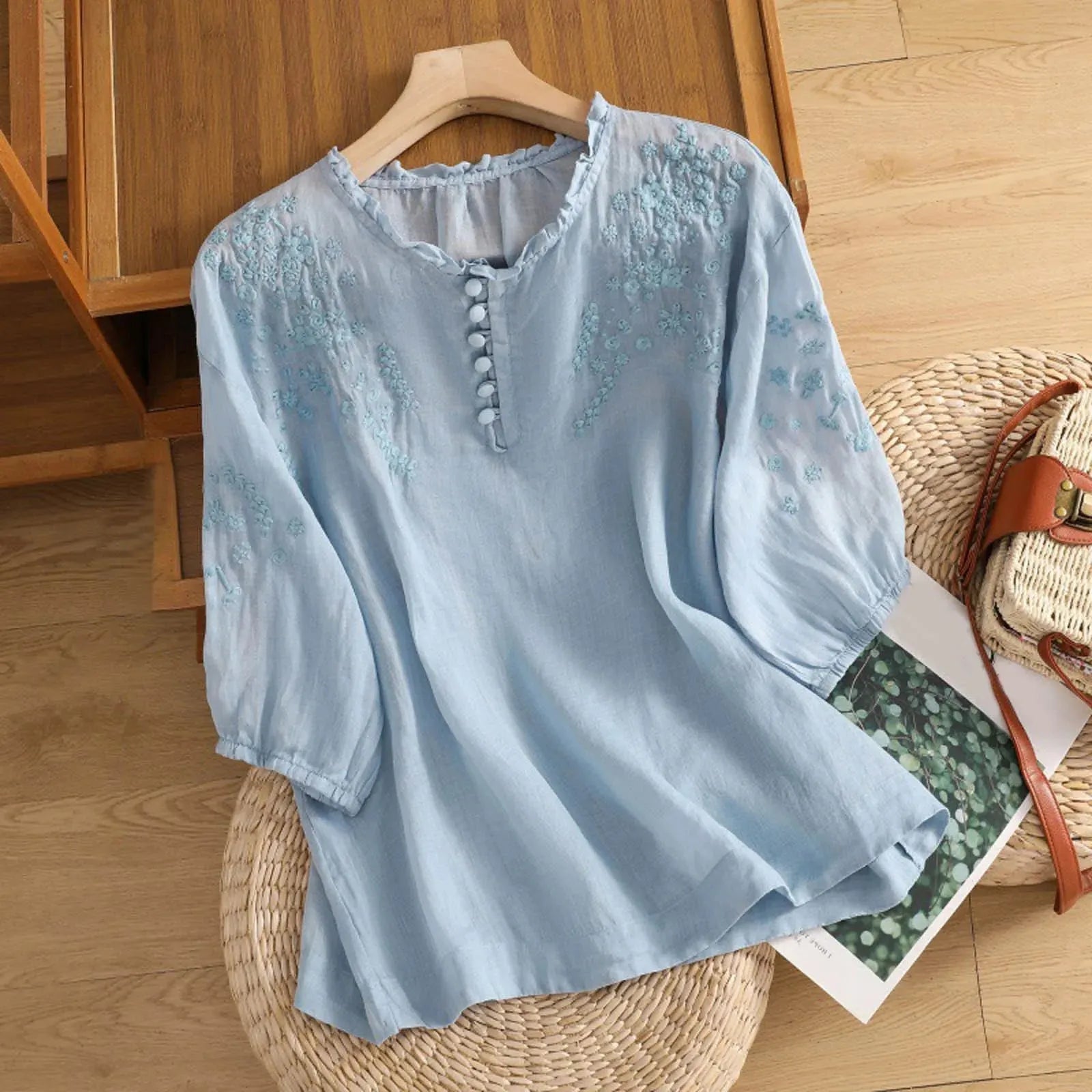 Embroidered Women's Half-Button Blouse with Ruffle Neckline for Casual Wear - Lightweight Fabric, Stylish Design