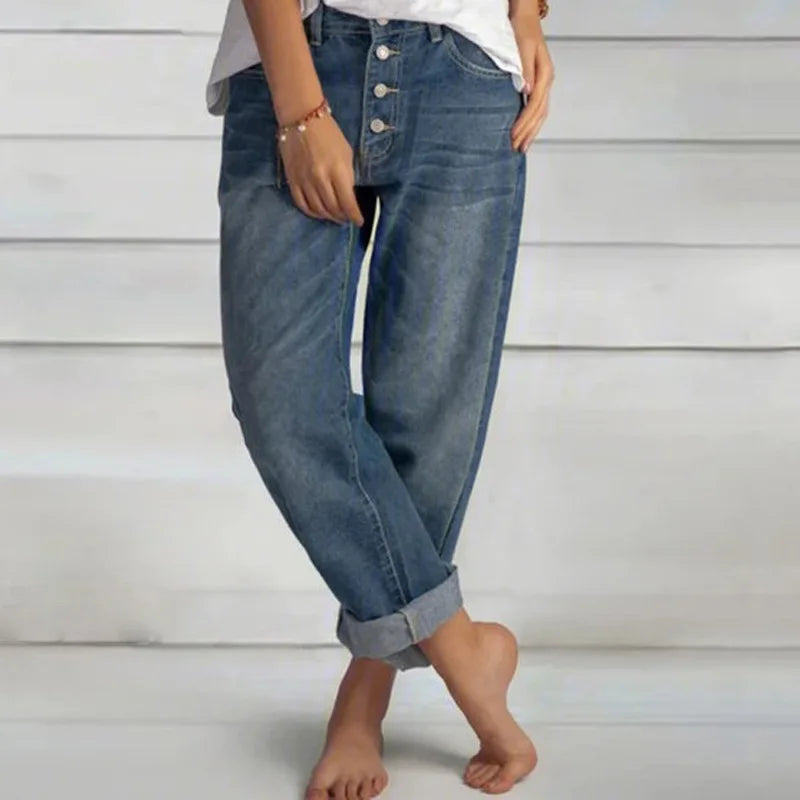 Exposed Button-Front Women's Jeans with Rolled Cuffs and Front Pockets for Casual Wear