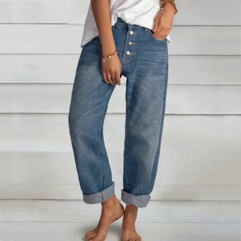 Exposed Button-Front Women's Jeans with Rolled Cuffs and Front Pockets for Casual Wear