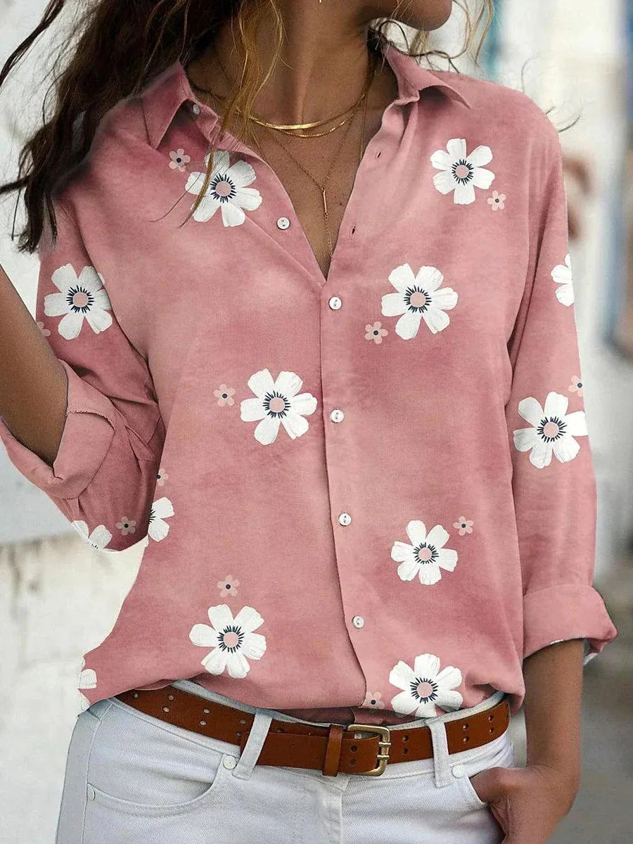 Floral Button-Front Blouse for Women - Collared Design with Rolled Sleeves - Casual Wear Top