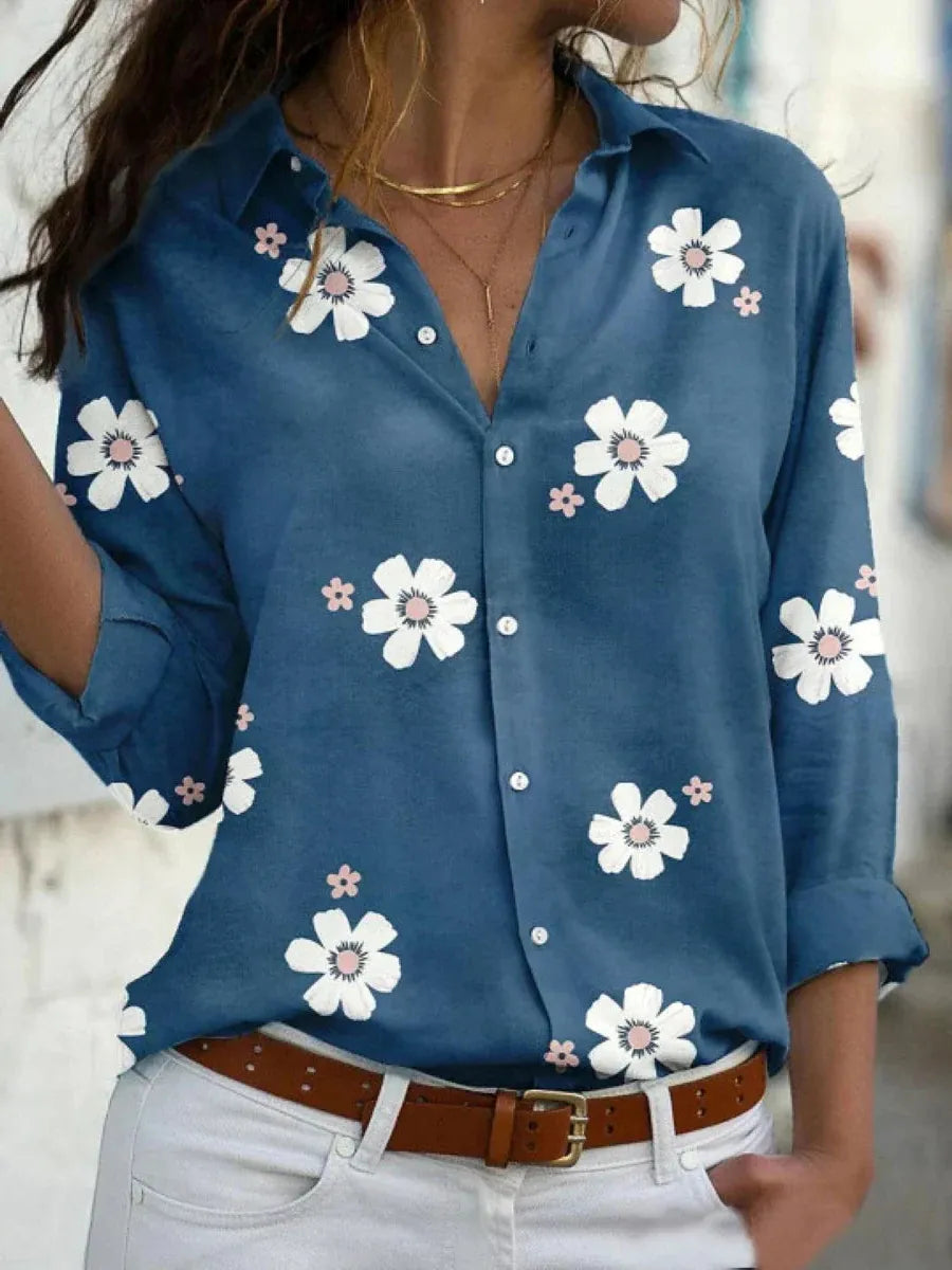 Floral Button-Front Blouse for Women - Collared Design with Rolled Sleeves - Casual Wear Top