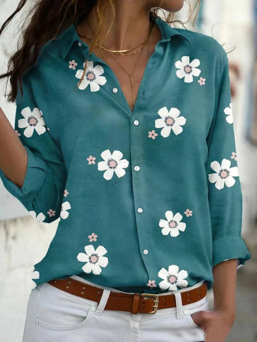 Floral Button-Front Blouse for Women - Collared Design with Rolled Sleeves - Casual Wear Top
