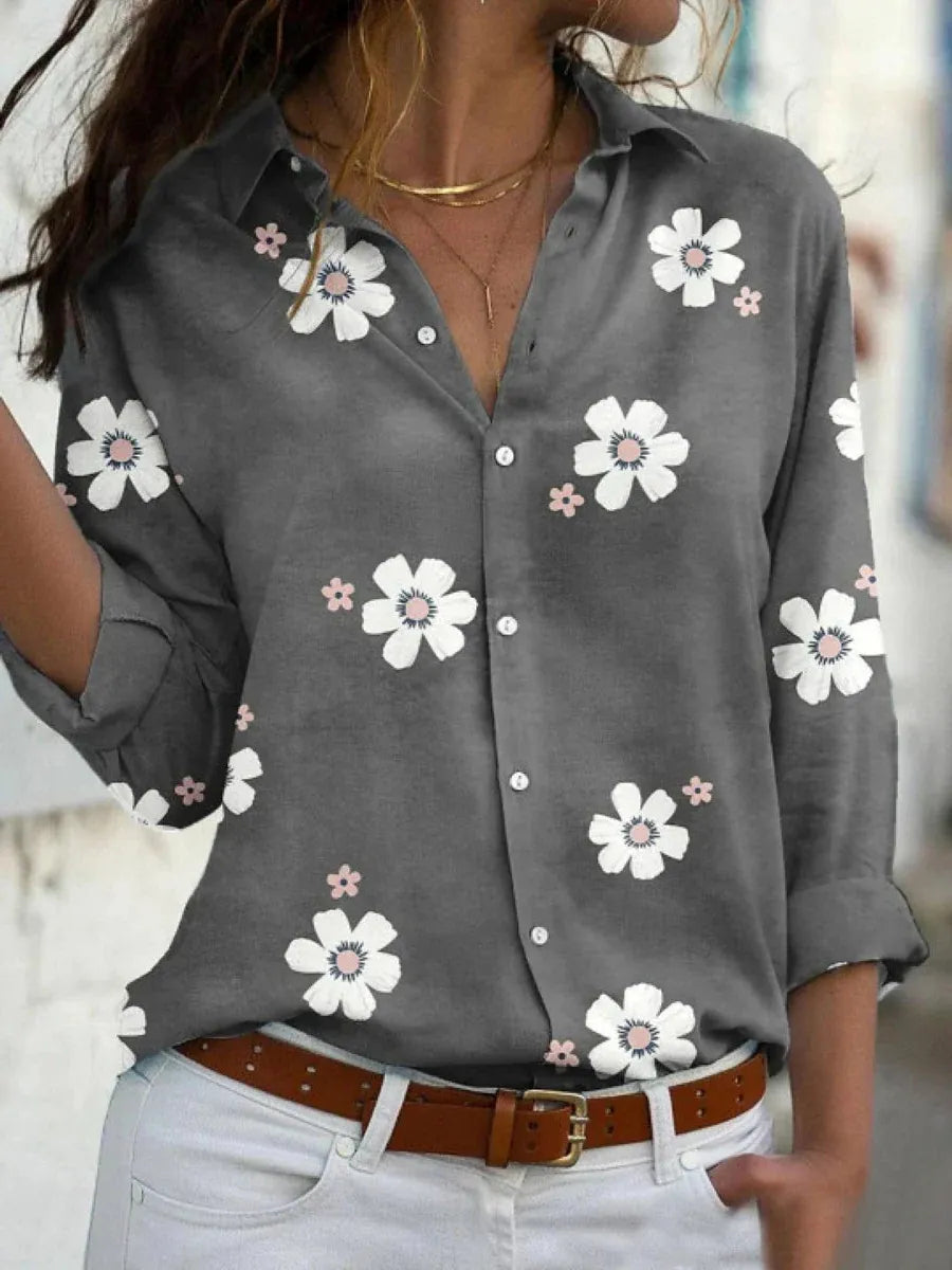 Floral Button-Front Blouse for Women - Collared Design with Rolled Sleeves - Casual Wear Top