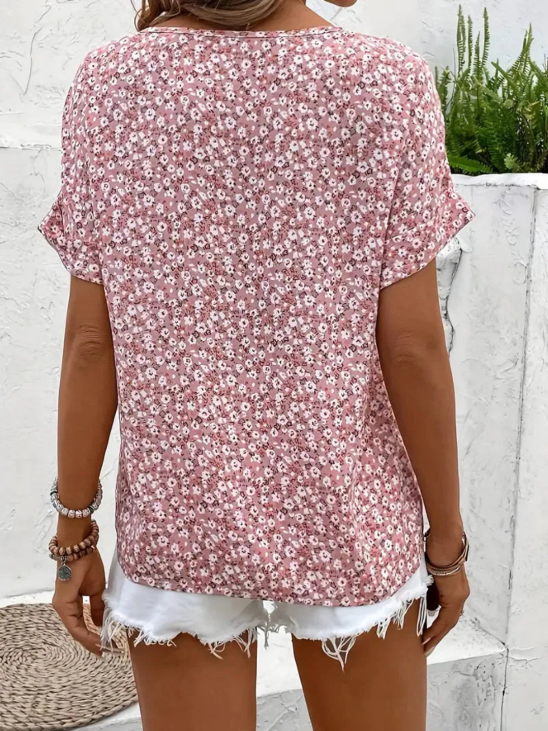 Floral Button-Front Blouse for Women - Notched Neckline, Short Sleeves - Perfect for Casual Wear and Spring Outfits