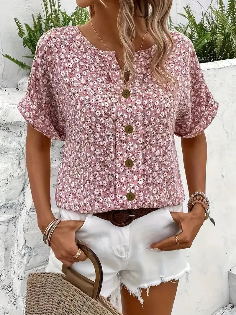 Floral Button-Front Blouse for Women - Notched Neckline, Short Sleeves - Perfect for Casual Wear and Spring Outfits