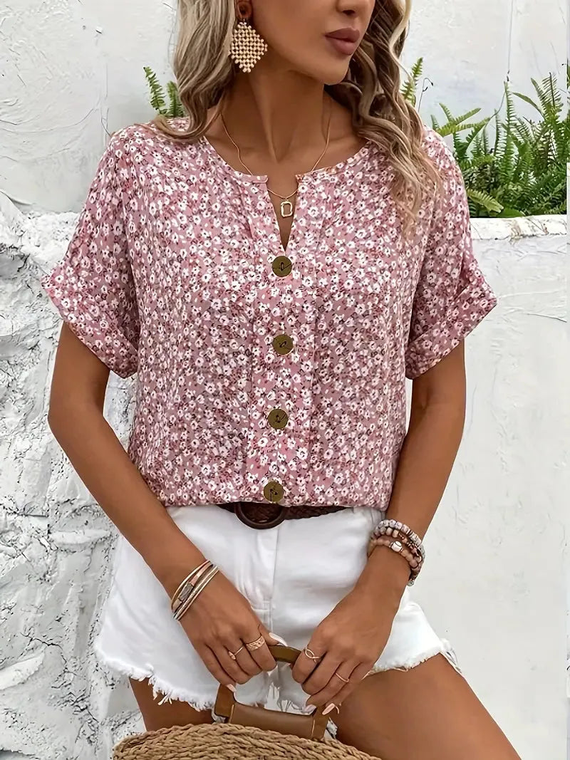 Floral Button-Front Blouse for Women - Notched Neckline, Short Sleeves - Perfect for Casual Wear and Spring Outfits