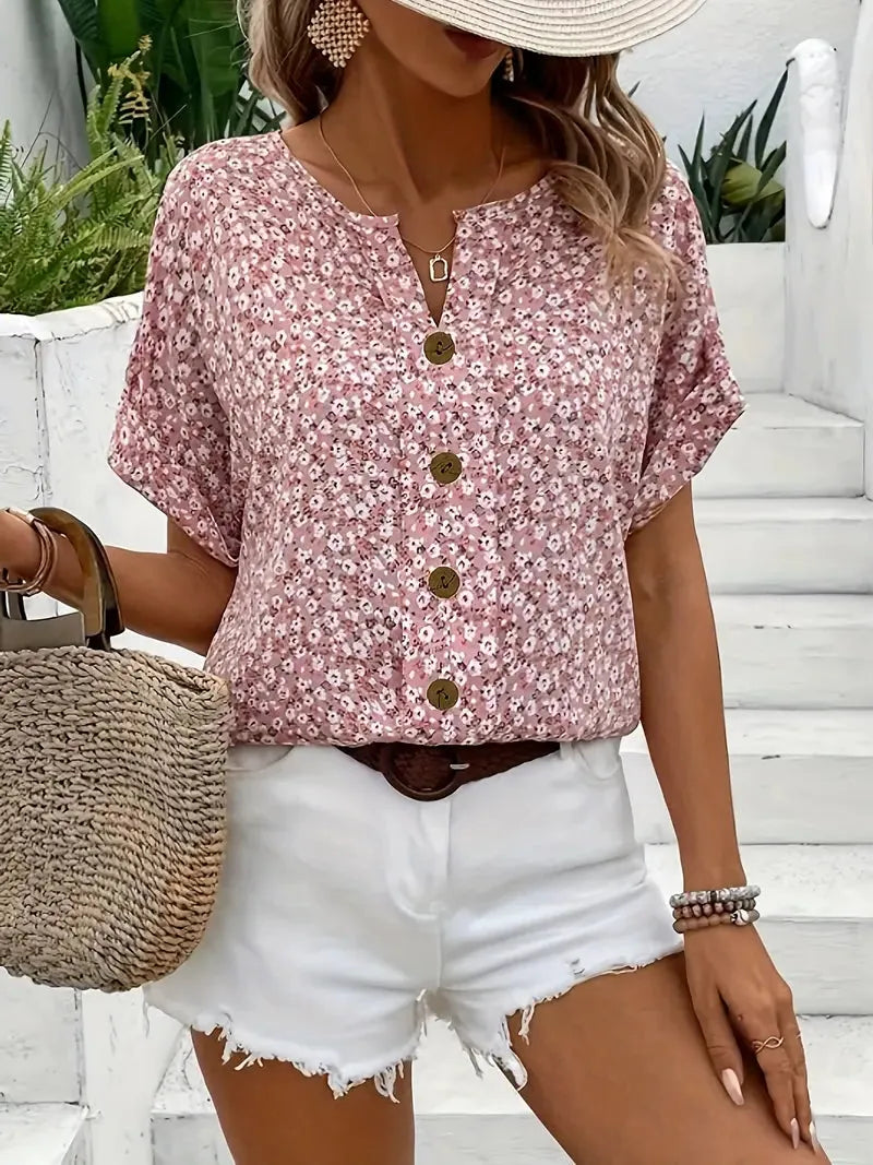 Floral Button-Front Blouse for Women - Notched Neckline, Short Sleeves - Perfect for Casual Wear and Spring Outfits