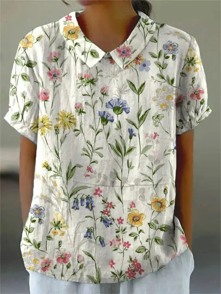 Floral Collared Blouse for Women - Short Gathered Sleeves, Straight Hemline - Casual Wear Top