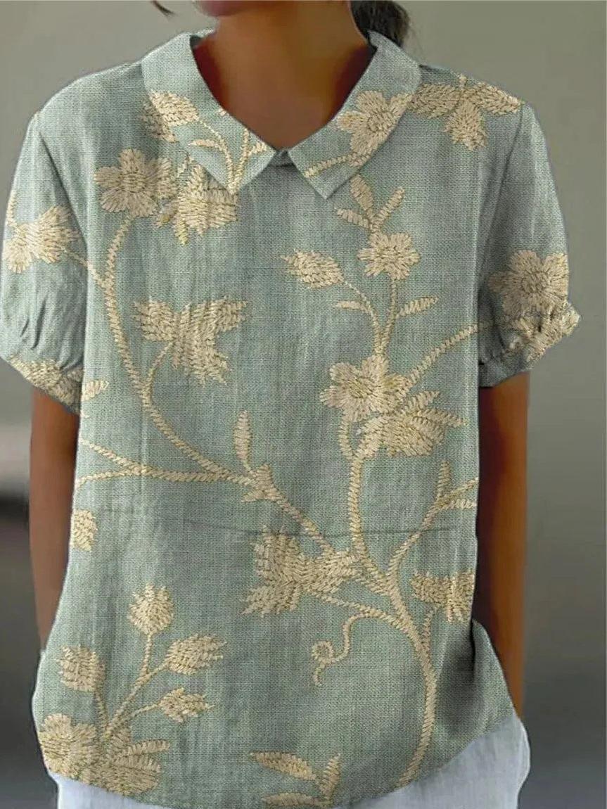 Floral Collared Blouse for Women - Short Gathered Sleeves, Straight Hemline - Casual Wear Top