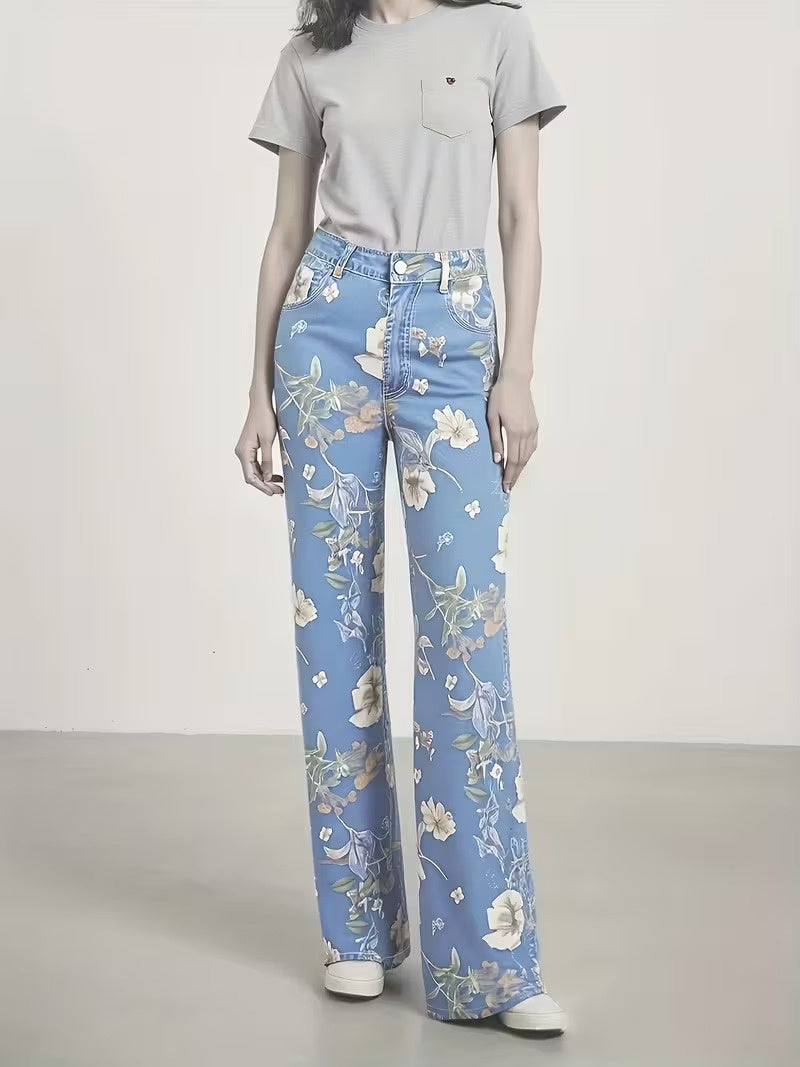 Floral Pattern Women's Trousers - Lightweight Cotton Casual Pants for Everyday Wear