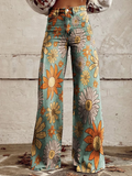 Floral Pattern Women's Wide-Leg Pants - Lightweight Cotton Casual Trousers for Everyday Wear
