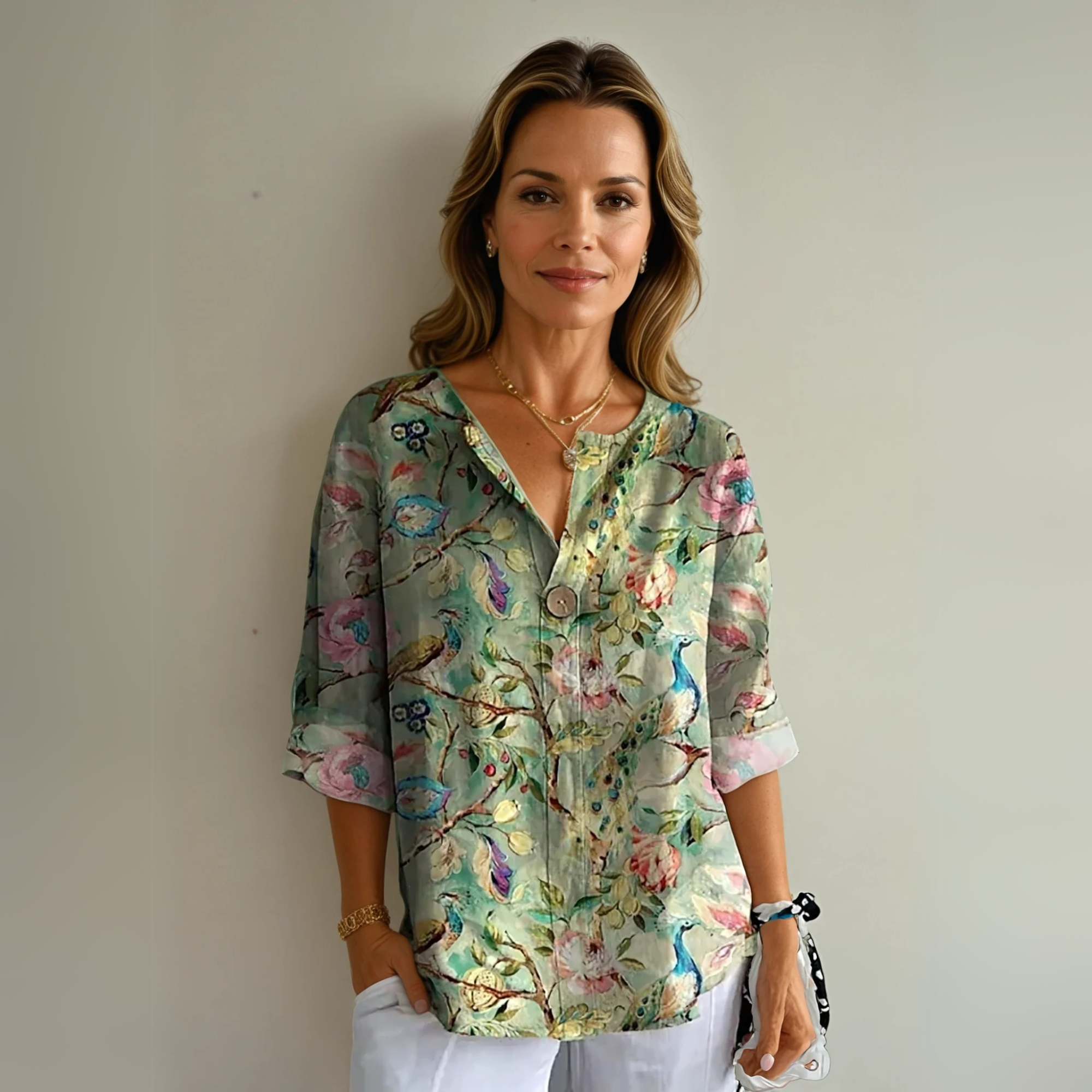 Floral V-Neck Blouse for Women with Button Closure and Half-Length Sleeves - Casual Wear Top for Spring/Summer