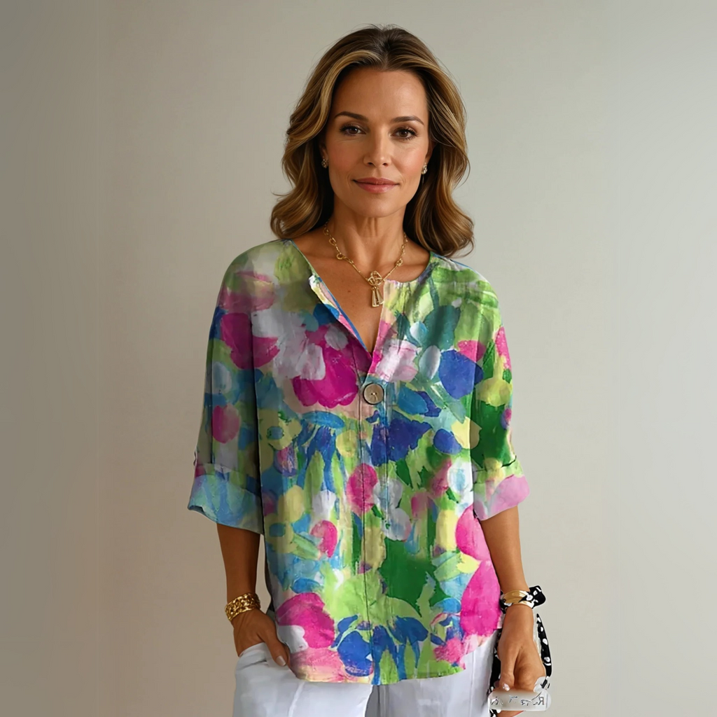 Floral V-Neck Blouse for Women with Button Closure and Half-Length Sleeves - Casual Wear Top for Spring/Summer